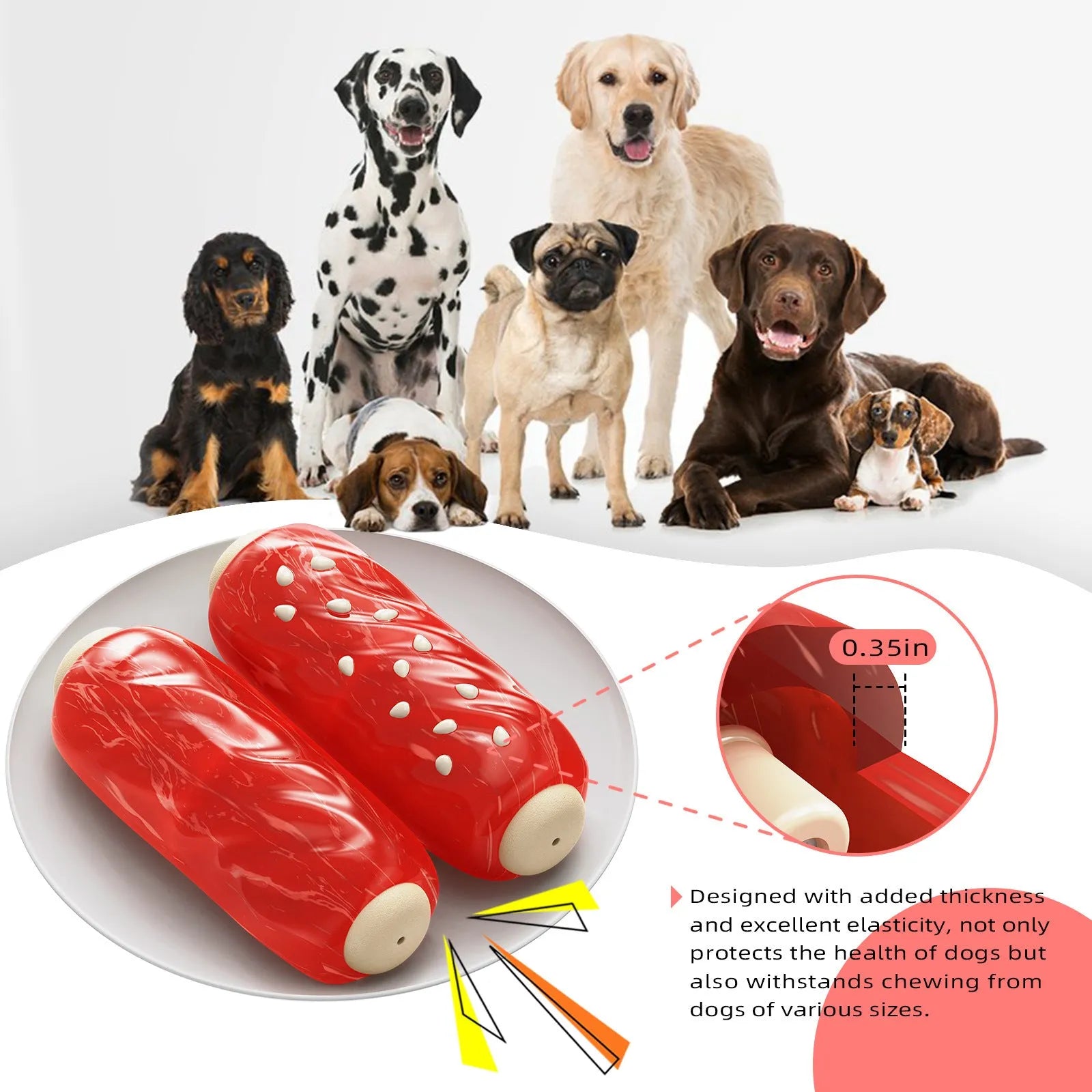 Primary colour plastic dog chew toy shaped like a rod with a glue toothbrush snack design.
