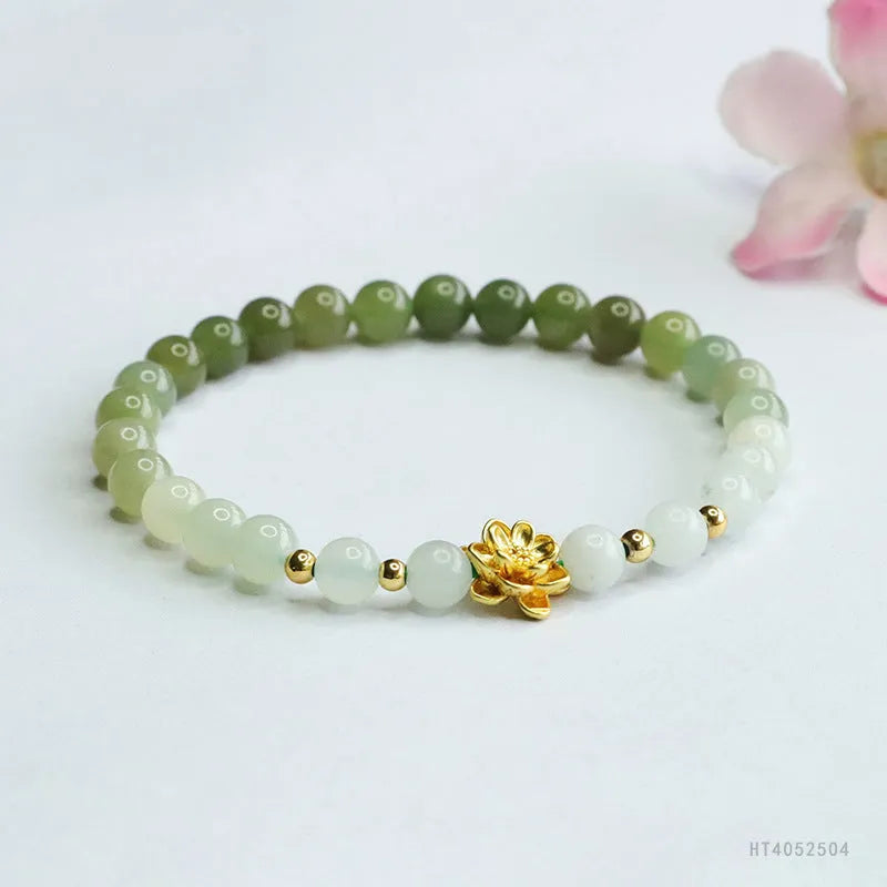 Hand-woven ancient style Hetian jade bracelet with water gradient colours and flower design