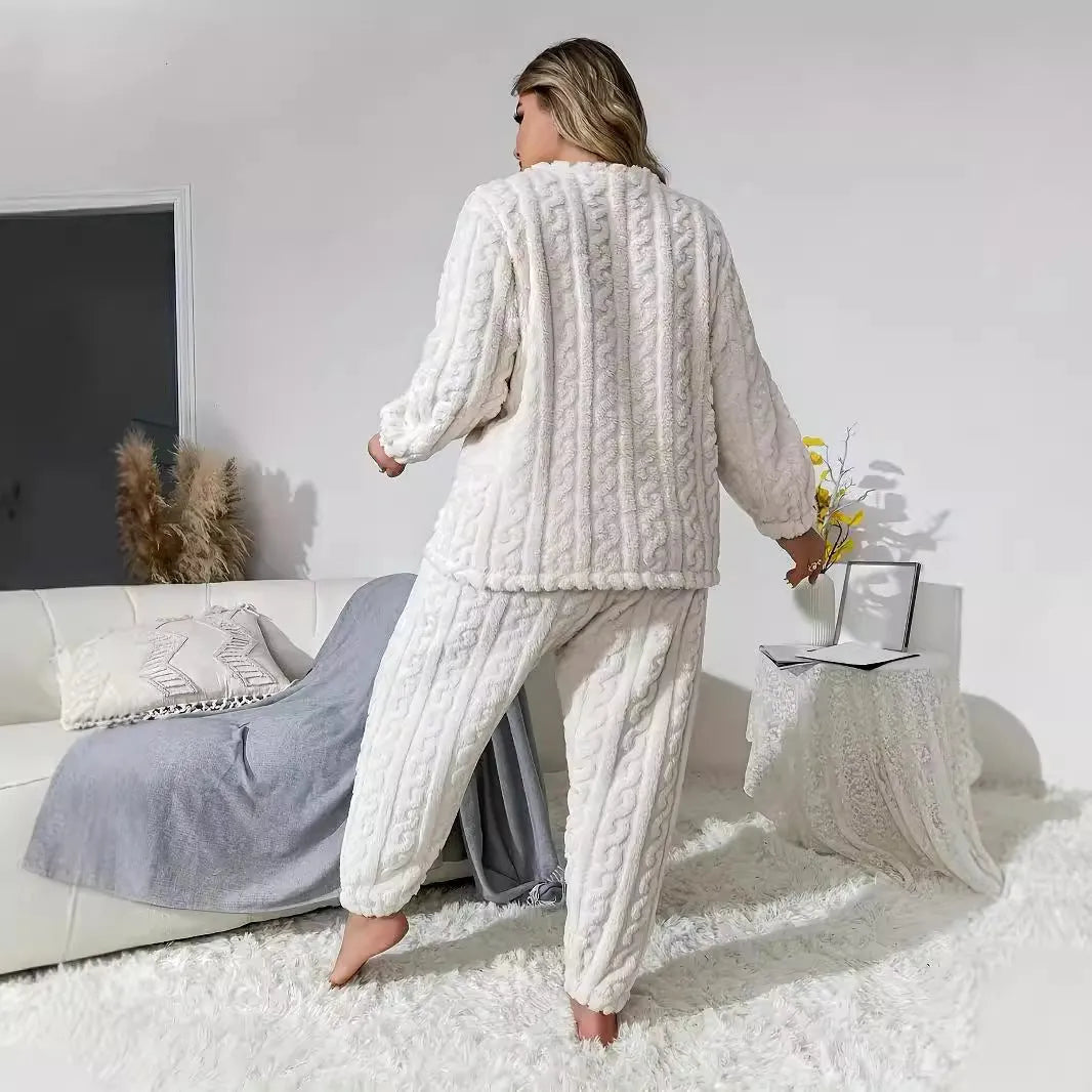 Women's creamy white plush polyester two-piece tracksuit set with crew neck top and matching trousers