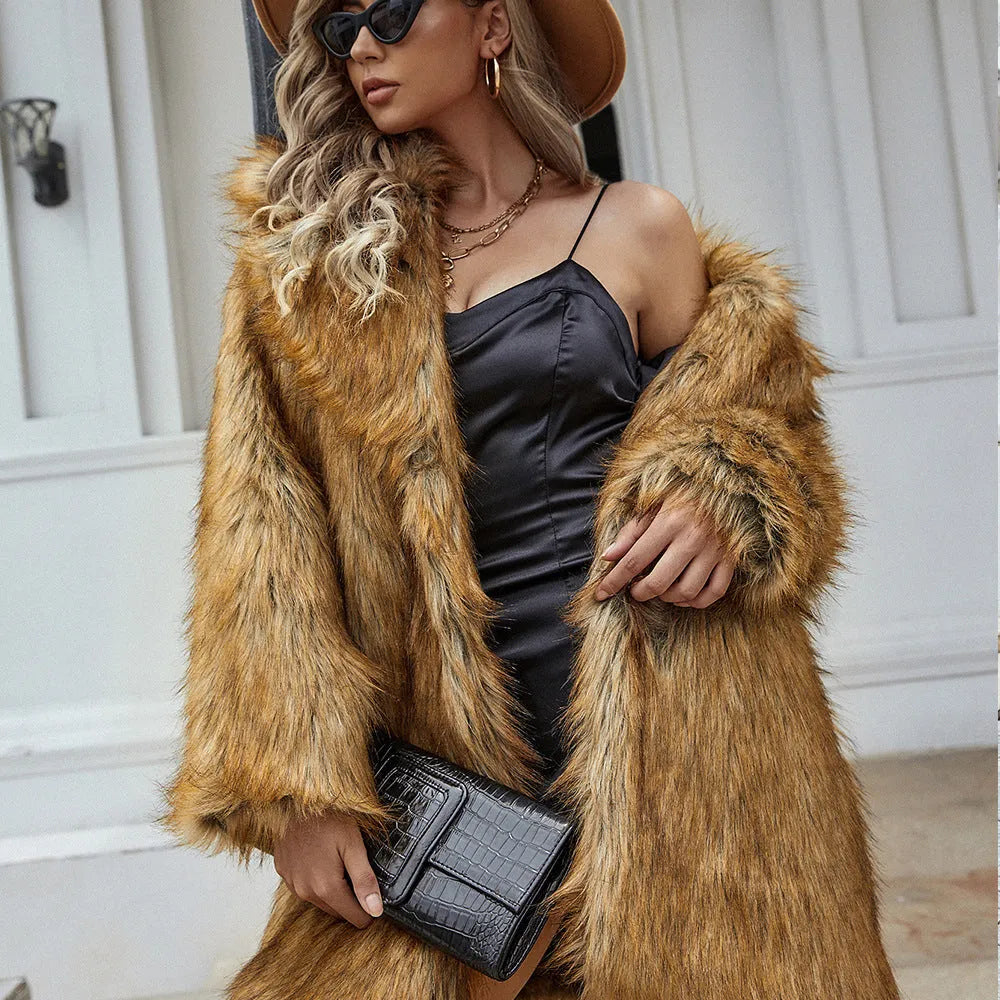 Yellow loose-fit women's faux fur coat with regular sleeves, shown mid-length