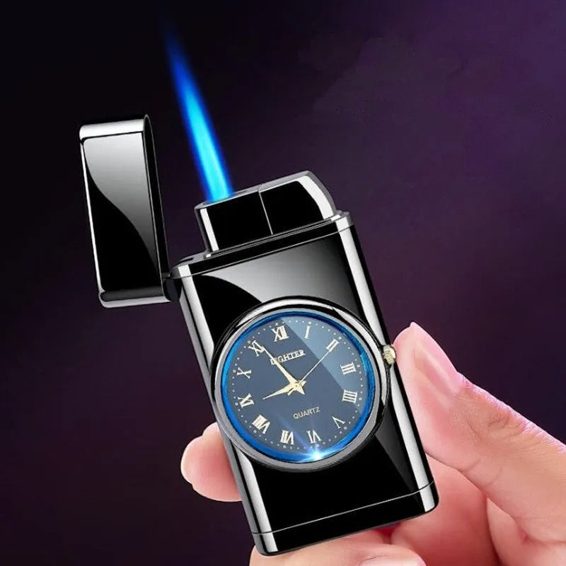 Multifunctional electronic watch and cigarette lighter with LED light in metal body.
