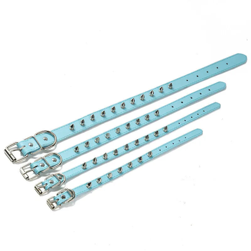 Studded anti-bite dog collar in thickened PU leather with metal alloy buckle, shown in multiple colours
