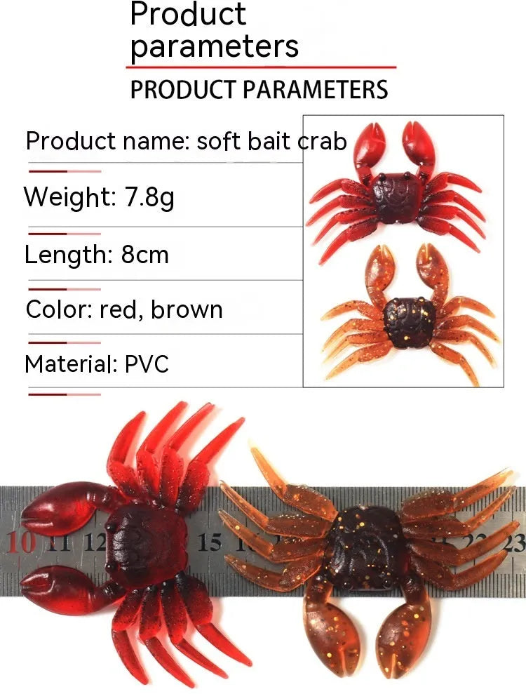 PVC software artificial crab fishing lure in red and brown, measuring 8cm in length.