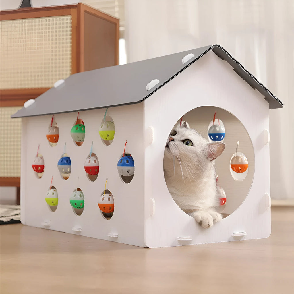 Integrated plastic cat scratch board house with a bell ball toy and connecting tunnel.
