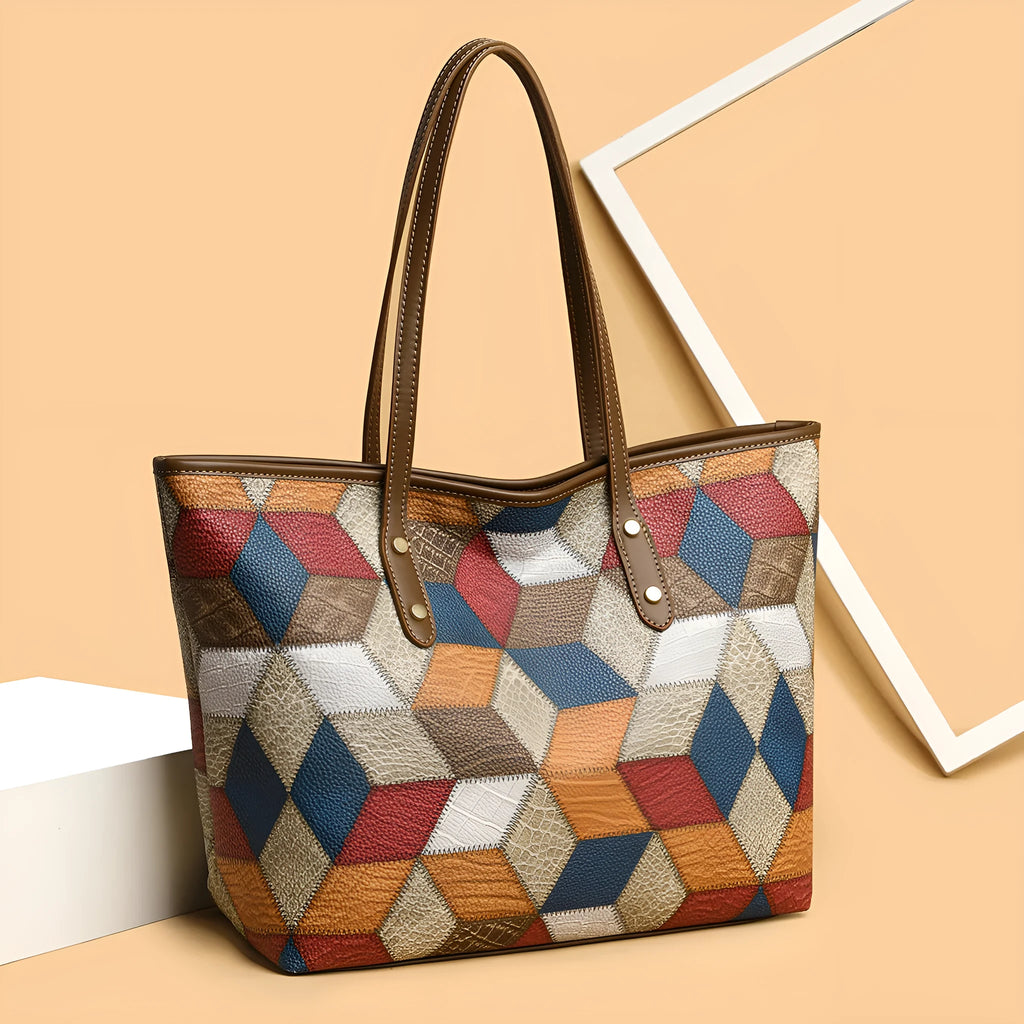 Women's large capacity PVC shoulder handbag with sandwich pockets in blue brown colour