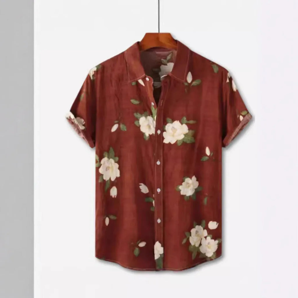 Hawaiian print short sleeve shirt with floral pattern and elastic fabric on a mannequin
