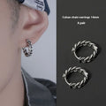 Men's geometric copper stud earrings shown in 10mm and 14mm sizes on a dark background.