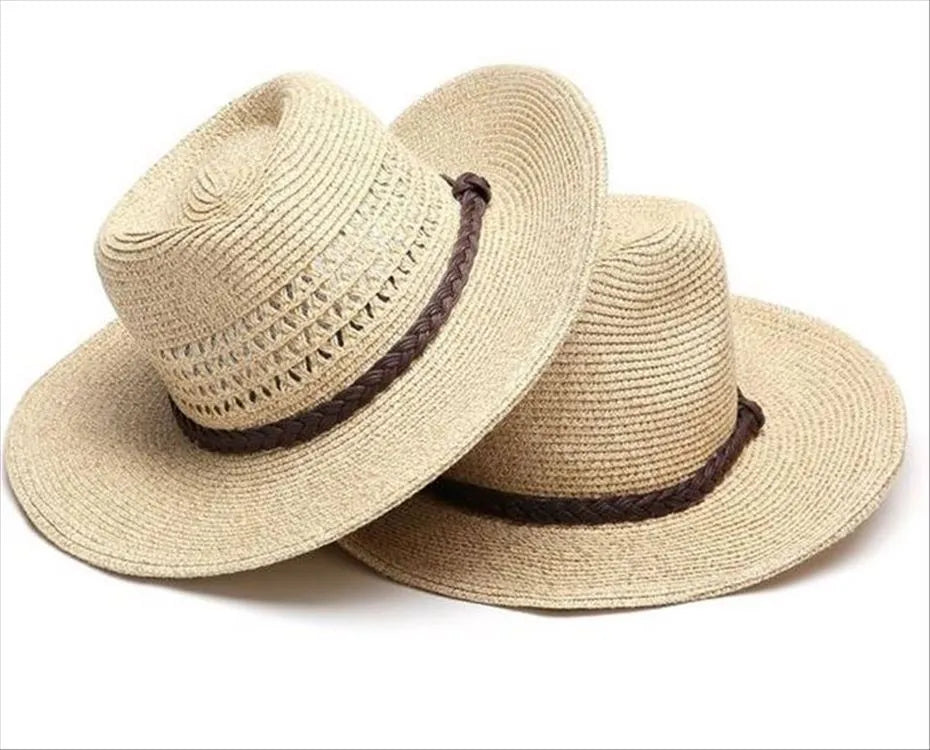 Man's foldable big brim straw sun hat in beige, shown flat and folded, with size tags for 58cm, 60cm, and 62cm.
