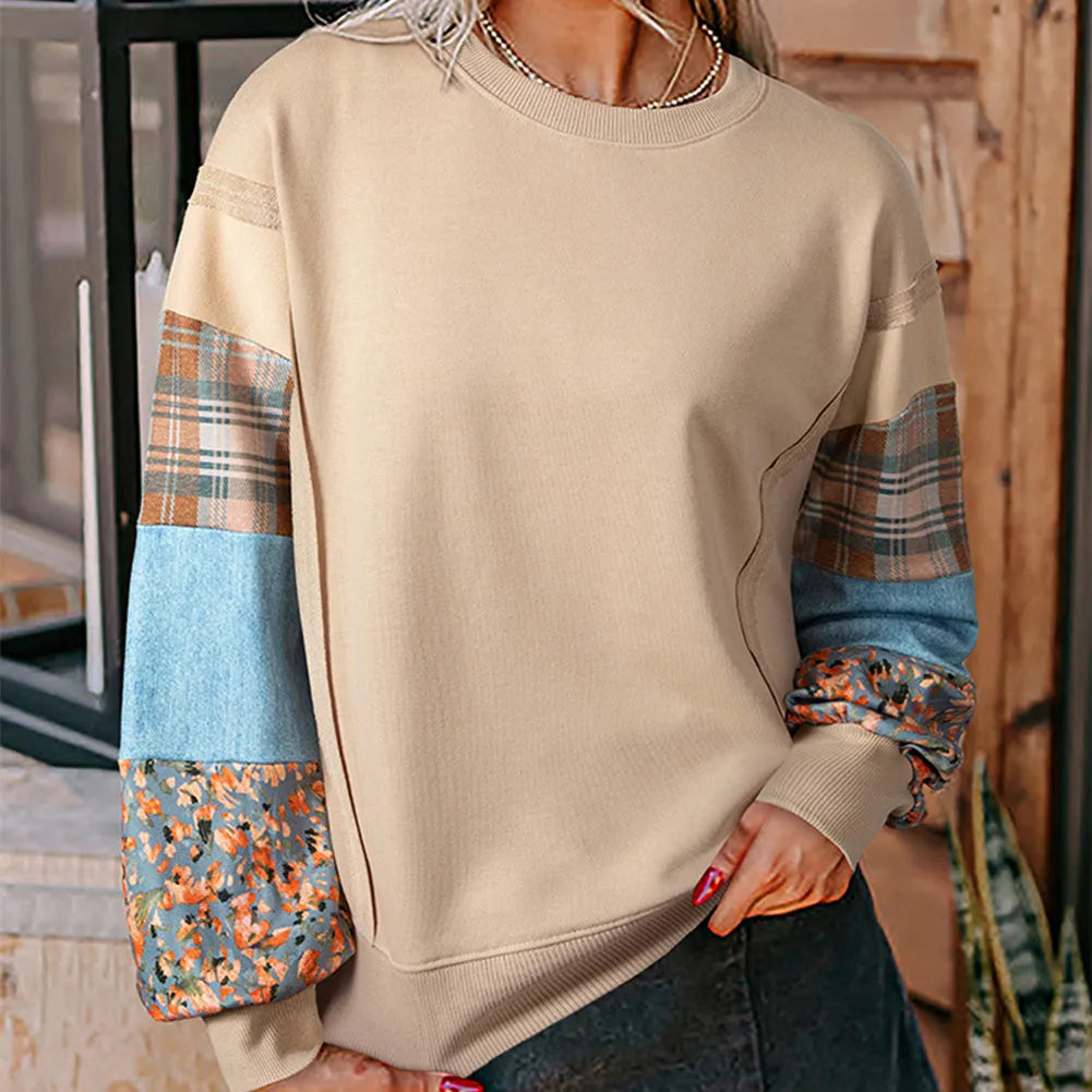 Women's beige and red plaid long-sleeved top with loose casual fit