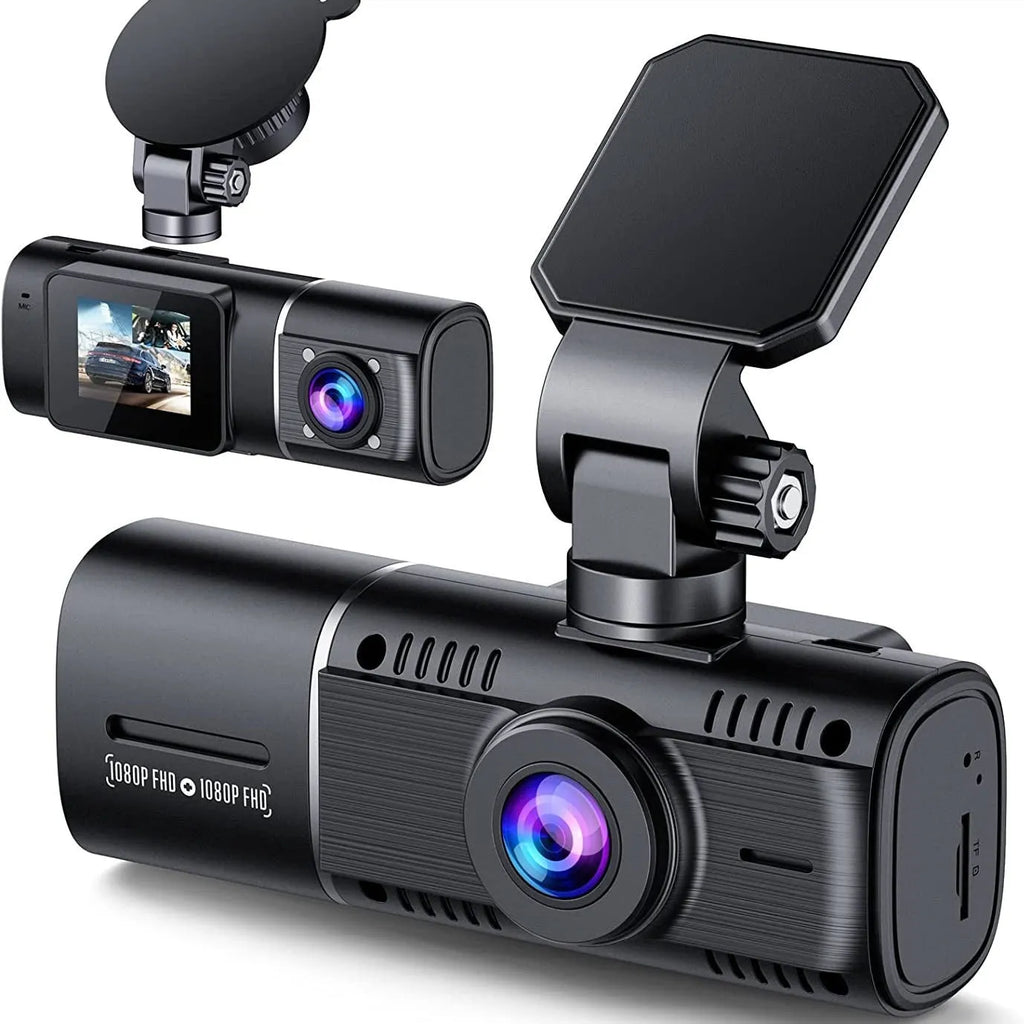Black dash cam with 1.5-inch screen for car front and rear recording with parking surveillance