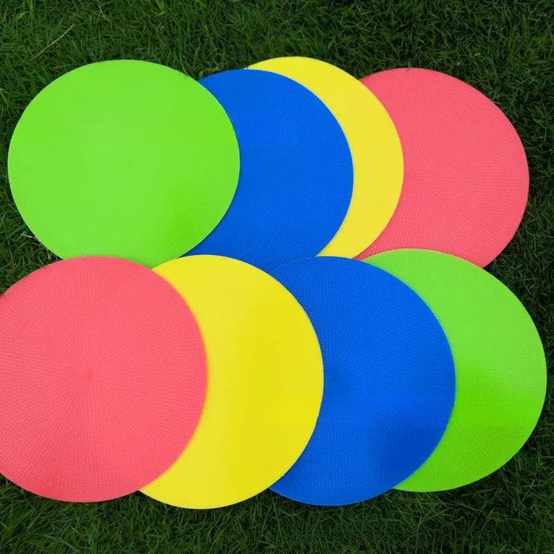 Football training target pad disc measuring 23cm in diameter with 3mm thickness in bright colour options
