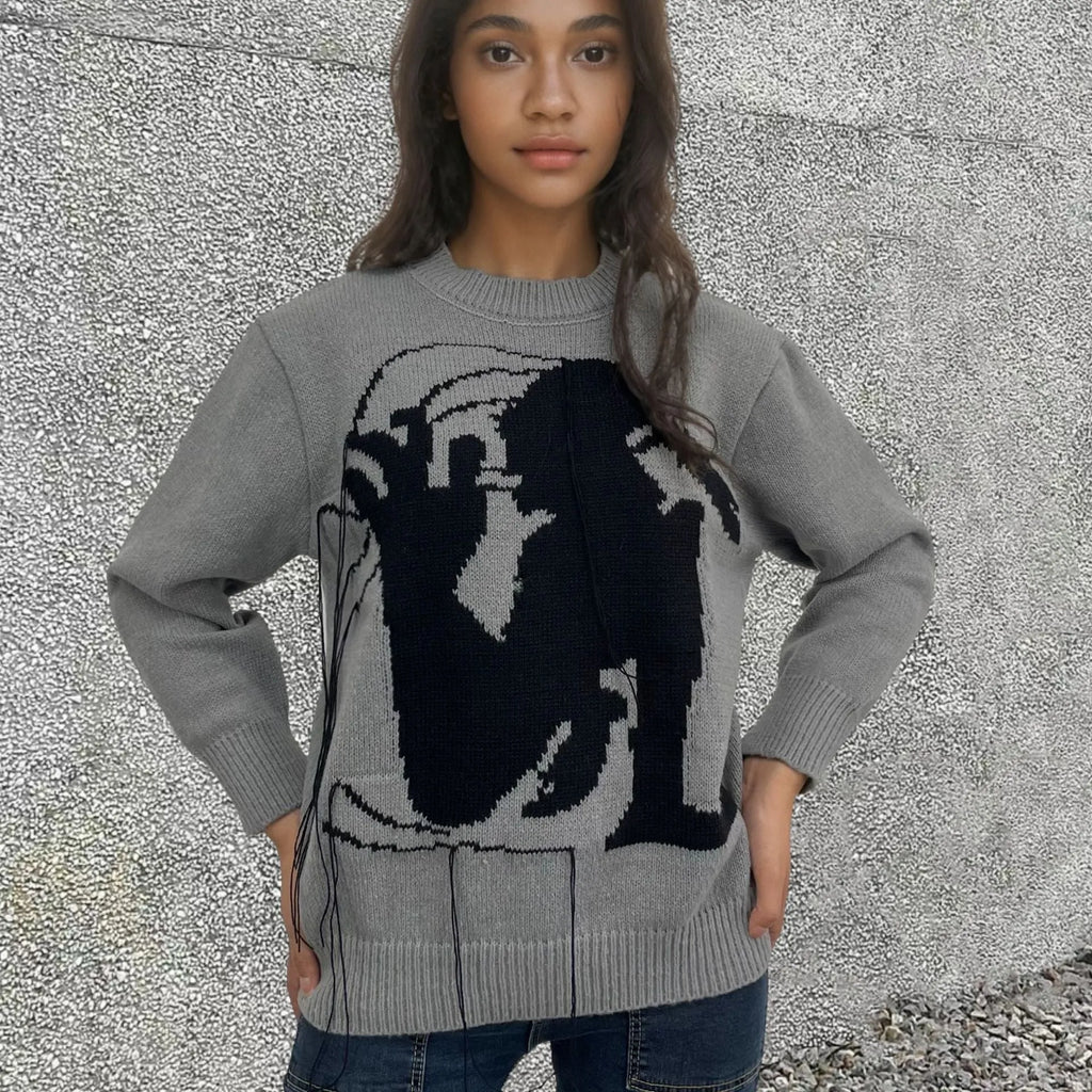 Women's grey alpaca wool sweater with abstract pattern and tassel design, loose fit street fashion style