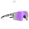 Polarised frameless sports sunglasses with TR90 temples shown in a colour option, resting on a surface.