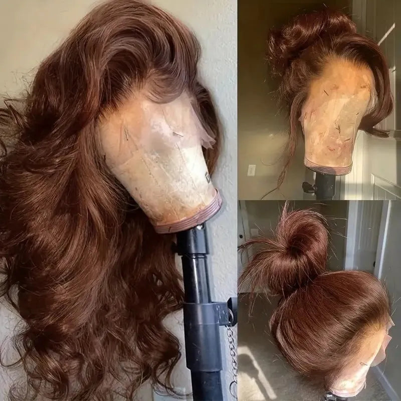 Women's dark brown long curly front lace wig with side bangs on a mannequin head.