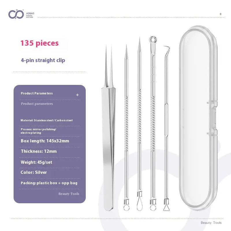 Four metal acne needles with ultra-fine pointed tips laid out in a set.