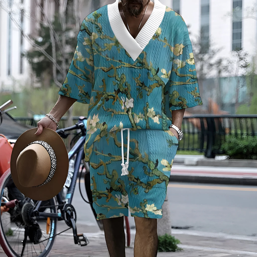 Men's peacock blue 3D printed knitted shorts suit with matching T-shirt top