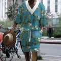 Men's peacock blue 3D printed knitted shorts suit with matching T-shirt top