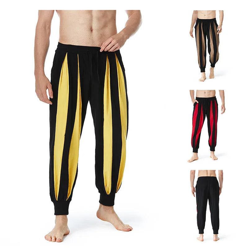 Men's straight leg casual trousers in polyester available in red, khaki, yellow and brown colours