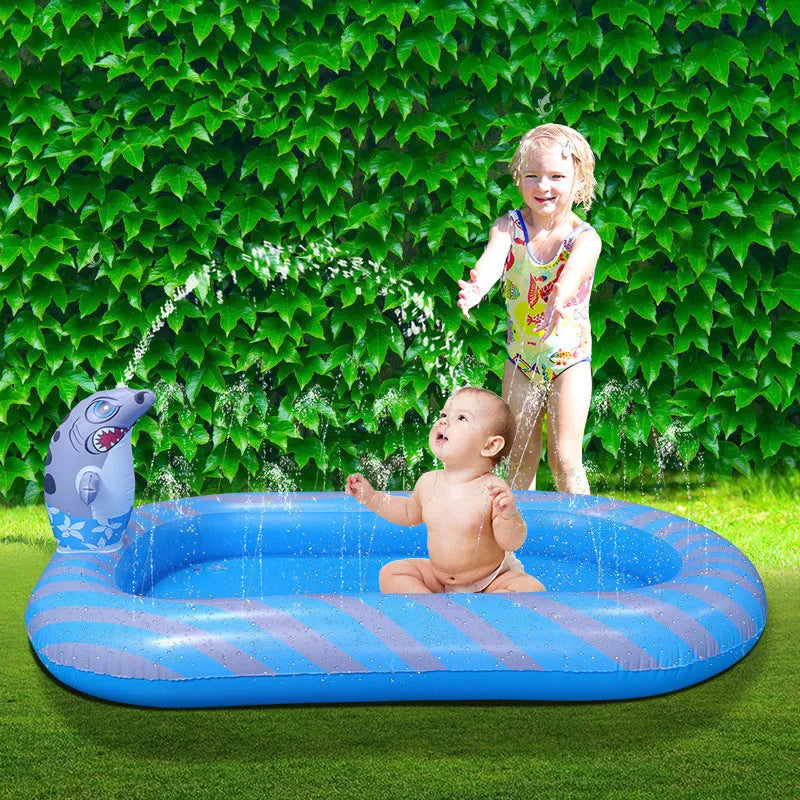 Blue dinosaur inflatable water spray pool for kids with shark design