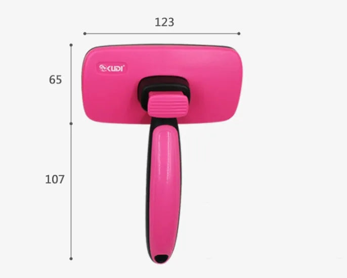 Pet self-cleaning comb with stainless steel teeth and rose red ergonomic handle for dog cat grooming