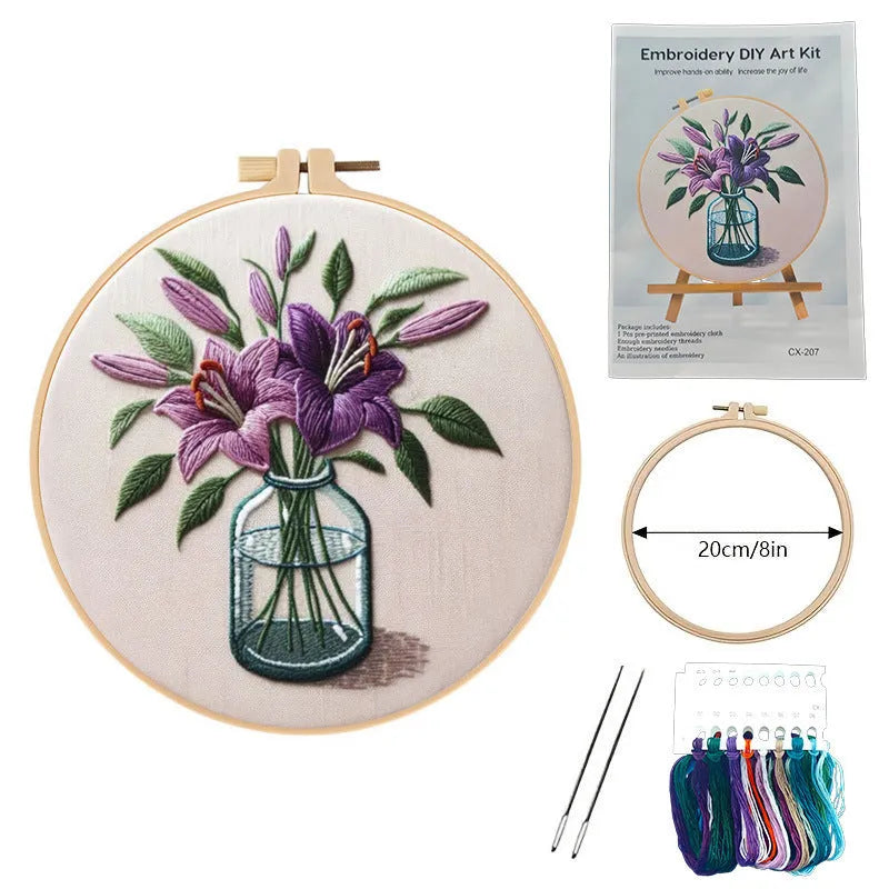 Purple lily flower embroidery kit on 28x28cm cotton linen cloth with 20cm imitation bamboo frame stand
