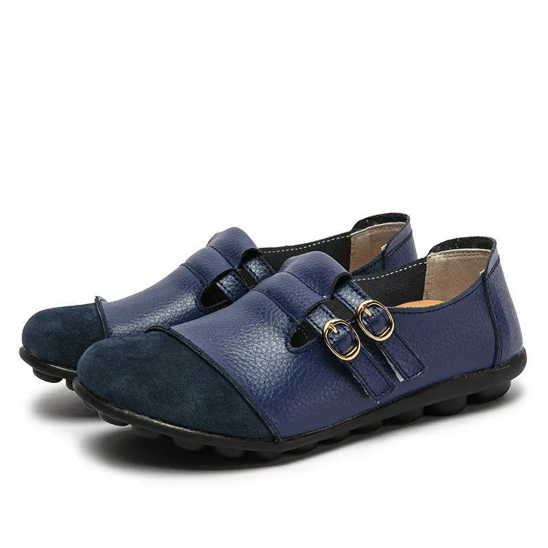 Plus size casual flat shoes with Velcro straps, cow leather upper, and round toe in multiple colour options