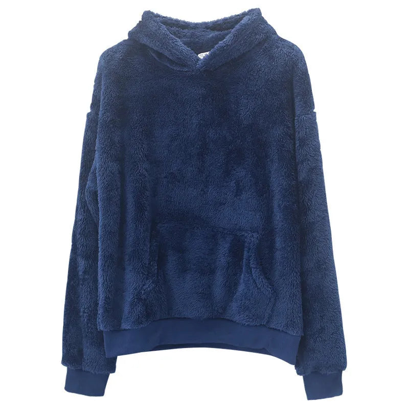 Double-sided velvet hooded sweater men's plush pullover with pockets navy blue cotton blend