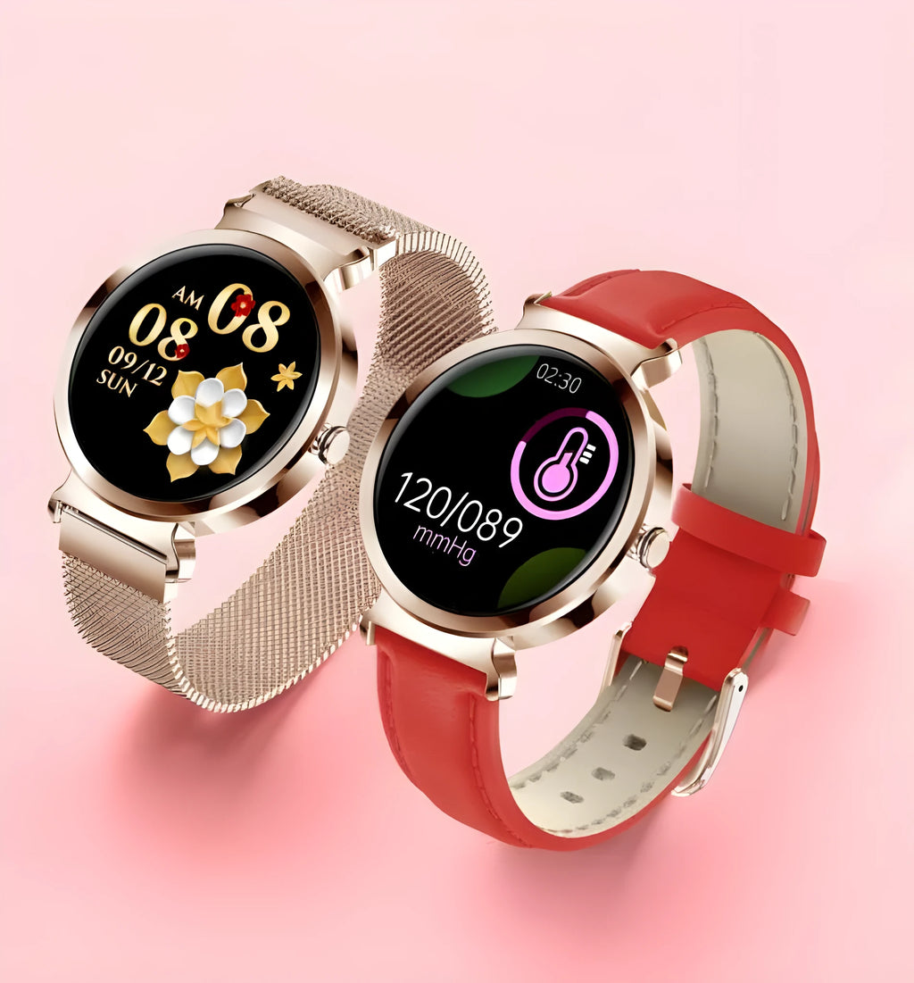 Zinc alloy smart bracelet for ladies in gold, green, pink, red, silver colours with 1.28-inch screen.