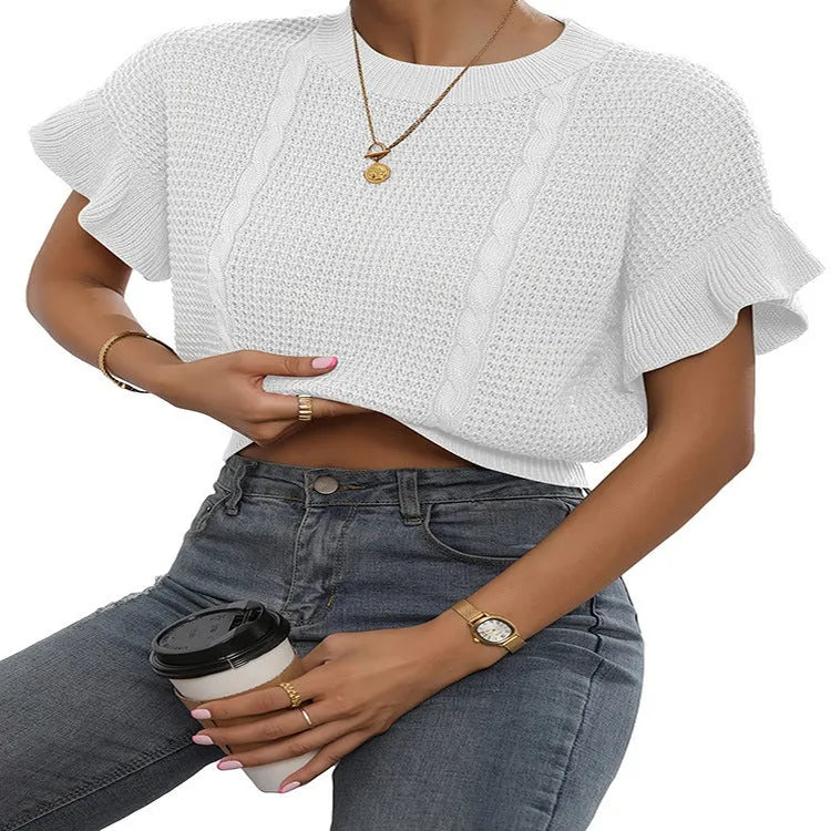 Twisted string pattern knitted pullover sweater with ruffled short sleeves in Japanese Korean casual style