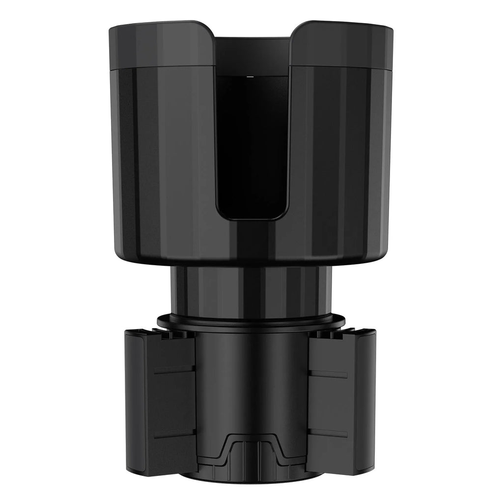 Matte black ABS car cup holder expander with adjustable base for large bottles.