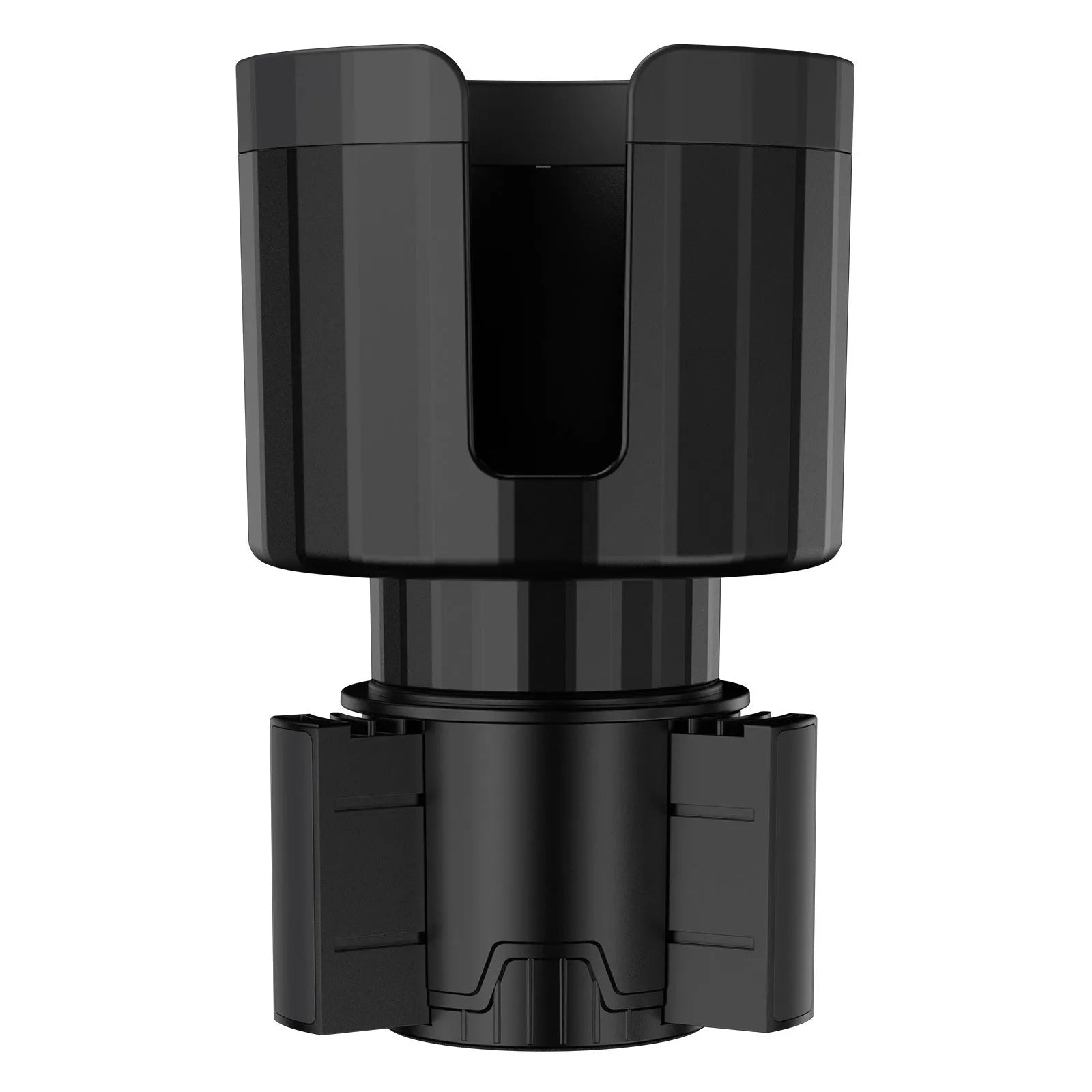 Matte black ABS car cup holder expander with adjustable base for large bottles.