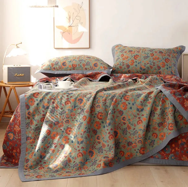 Cotton gauze blanket and pillowcase set with flower pattern in three colour options