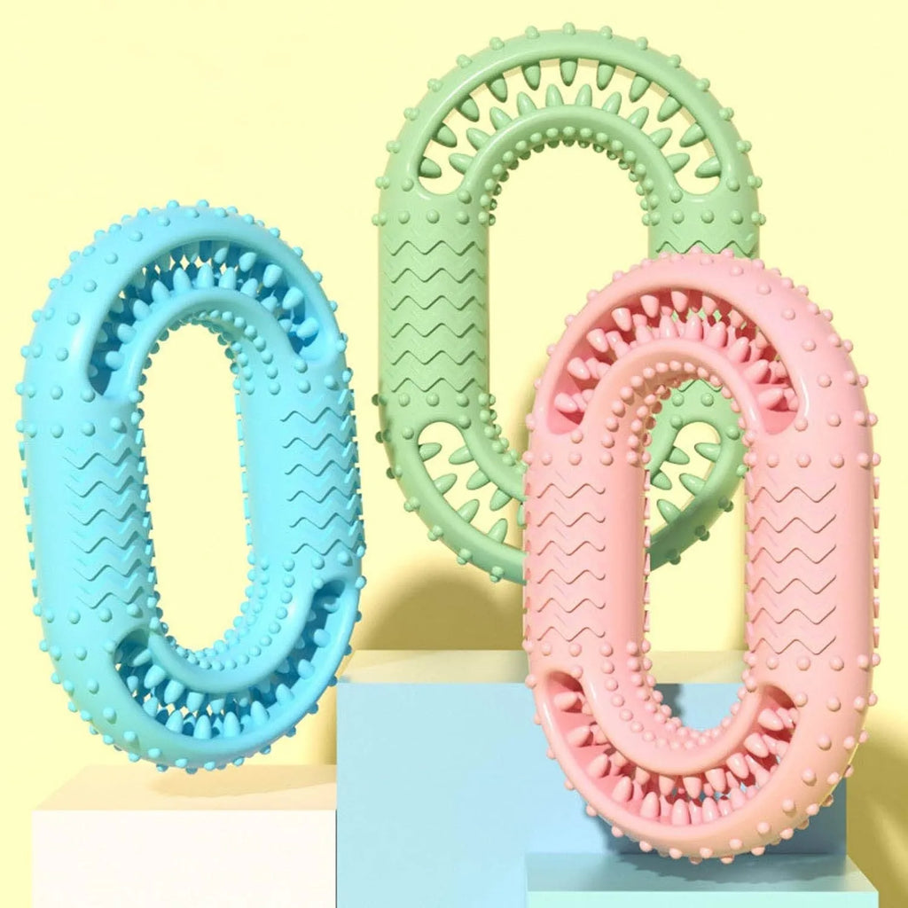 O-ring shaped dog chew toy for aggressive chewers in blue, green and pink colour options