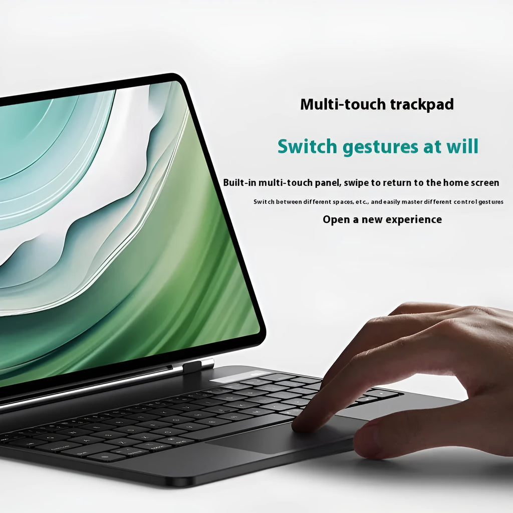 Miaocontrol black magnetic wireless keyboard attached to a Huawei Matepad 11 tablet inside a PU leather protective cover.