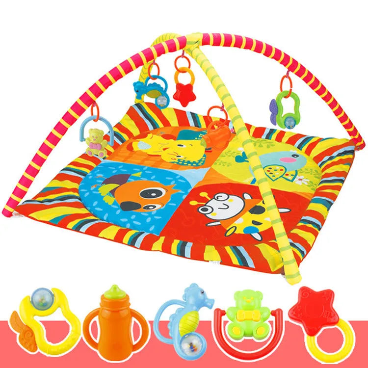 Velvet baby play mat with interactive toys in small animal or big animal design for crawling and games.