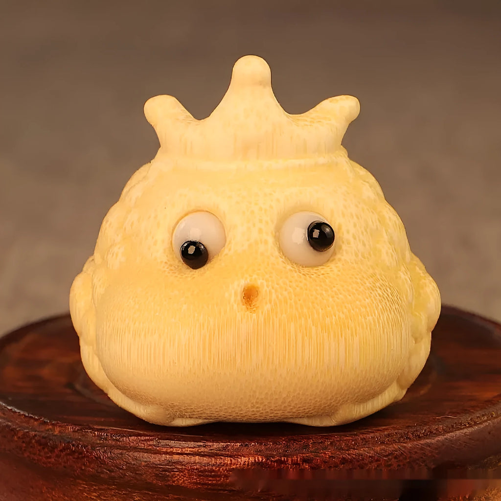 Solid bamboo carving of a cute Crown Princess toad hand ornament