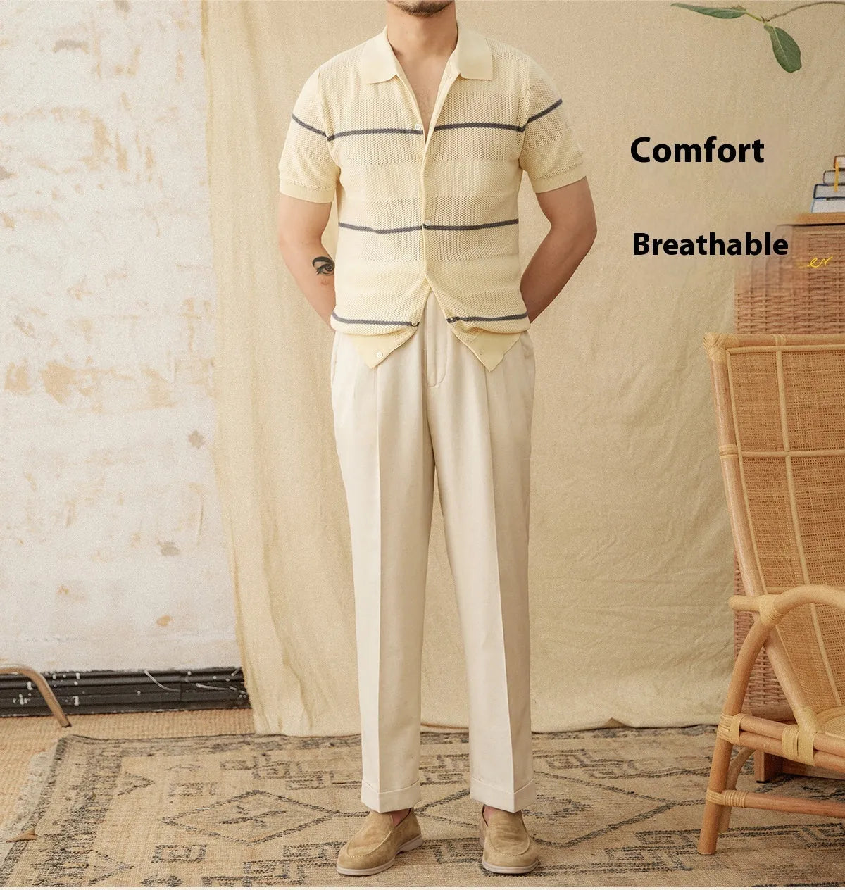 Camel coloured lapel collar short sleeve knitted cardigan made from linen and cotton blend fabric.