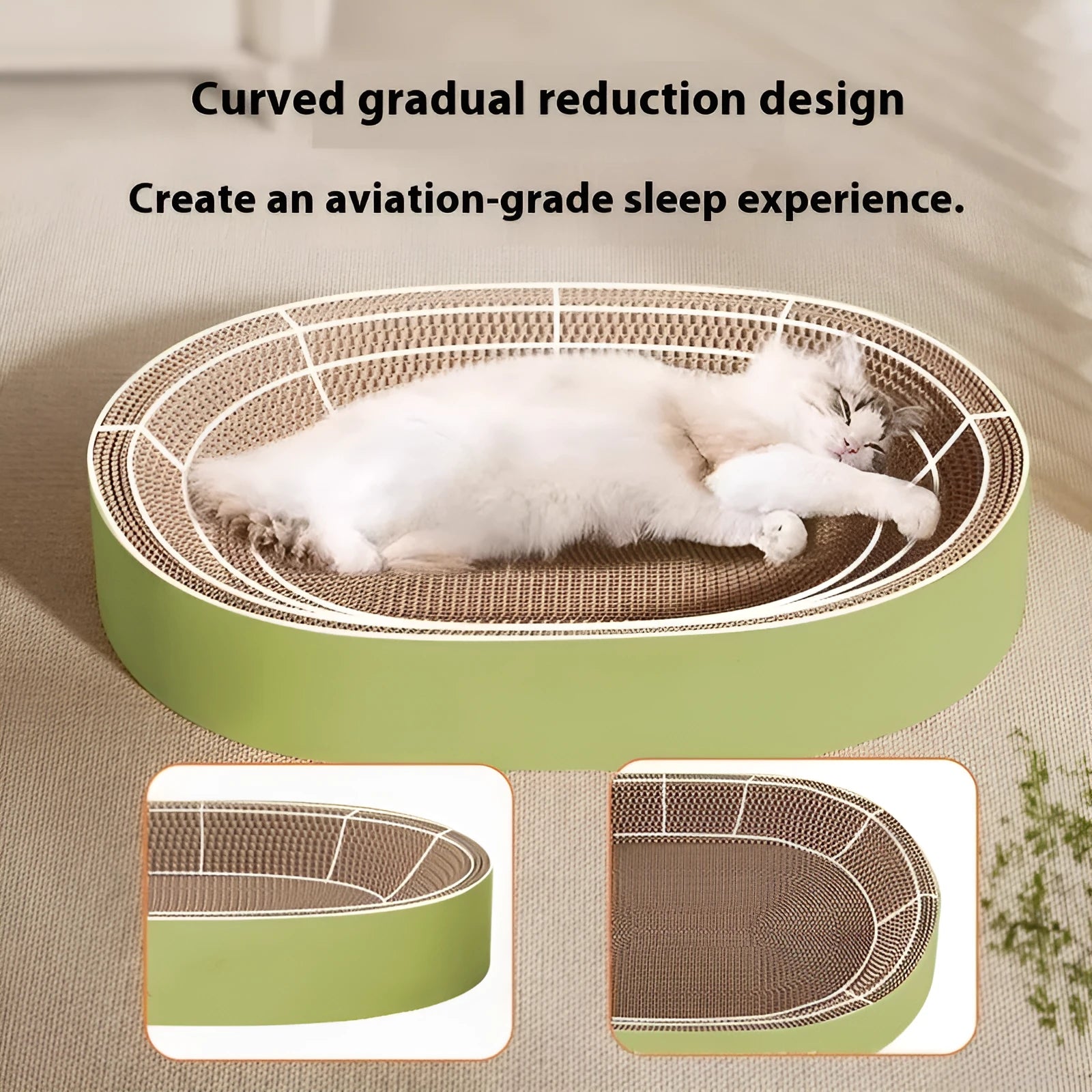 Green oval corrugated paper cat scratch board measuring 55cm across, functioning as both scratching surface and cat nest
