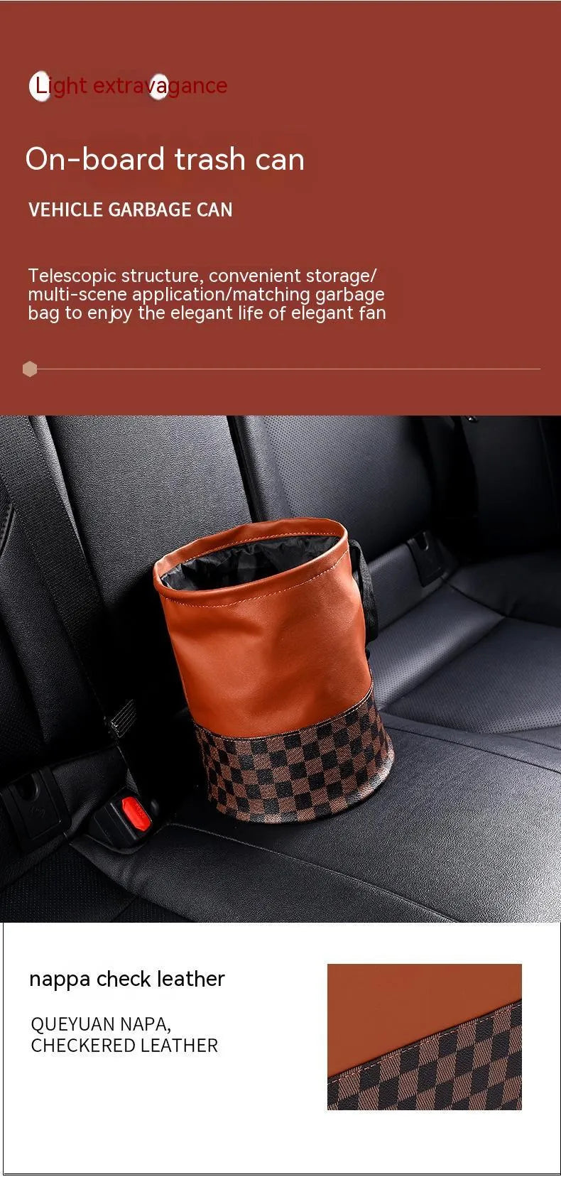 Black leather folding car bin with retractable handle and waterproof lining for vehicle waste collection