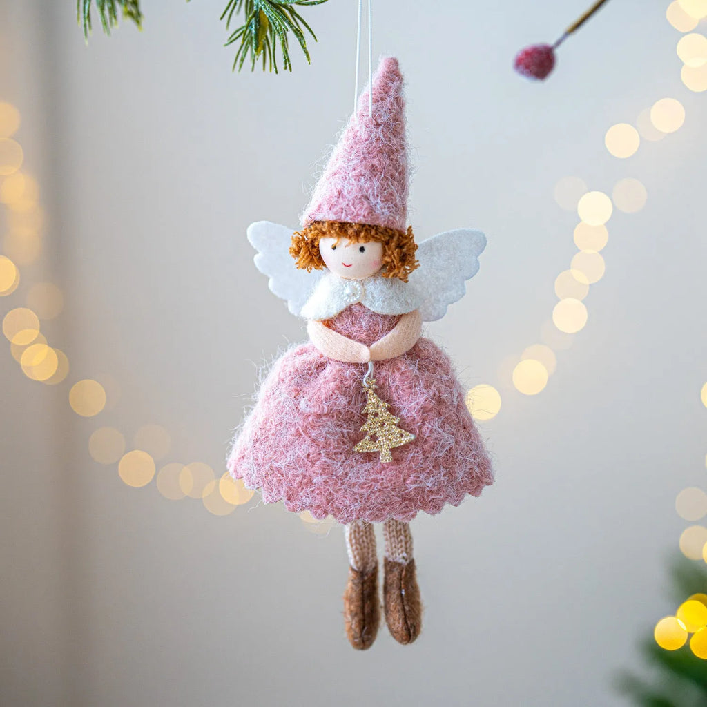 White or pink cloth angel skirt felt pendant for Christmas tree decoration.