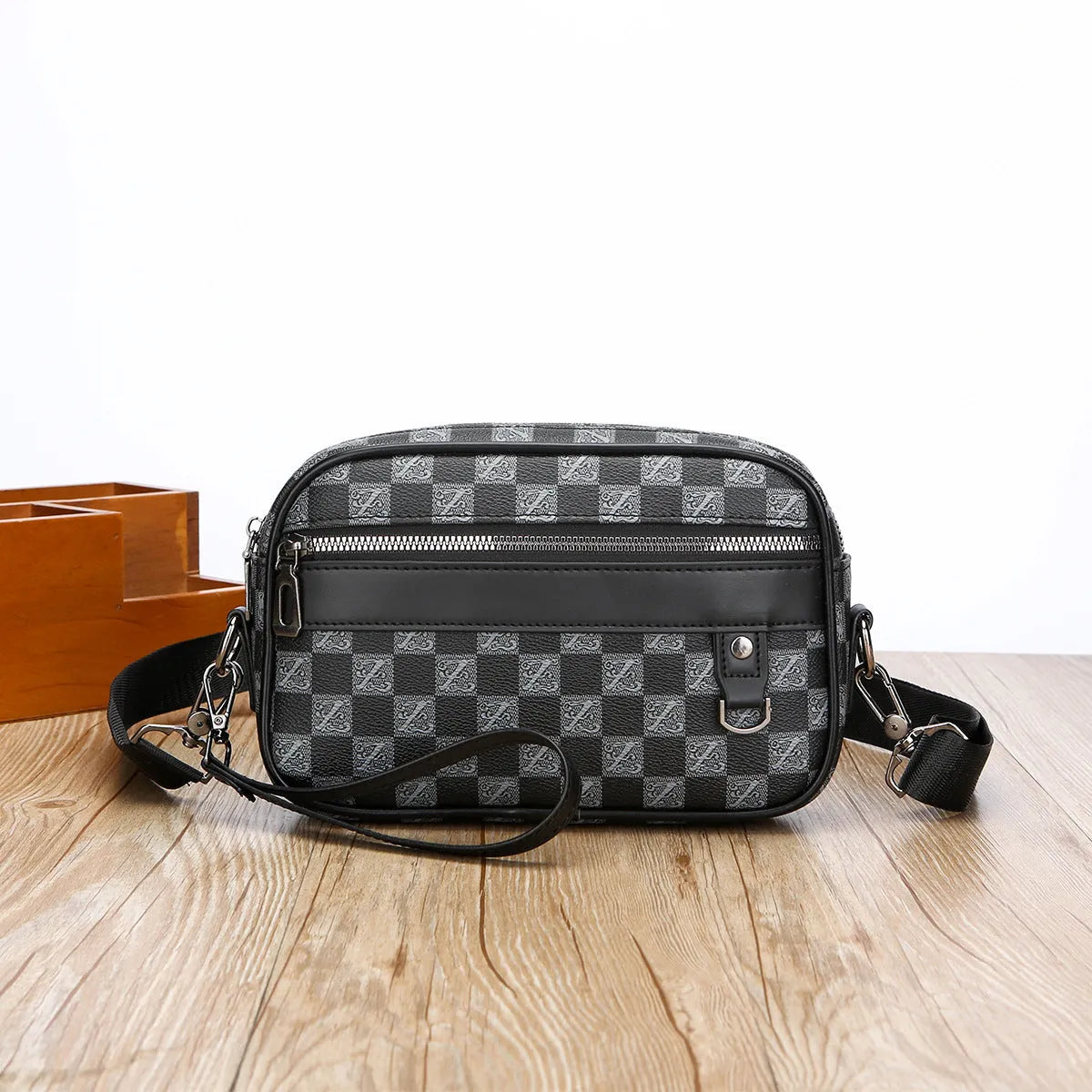 Men's geometric pattern shoulder messenger bag in black PU leather with large capacity design