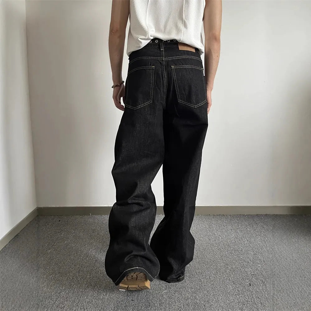 Black loose fit wide-leg jeans with straight-leg cut and retro styling