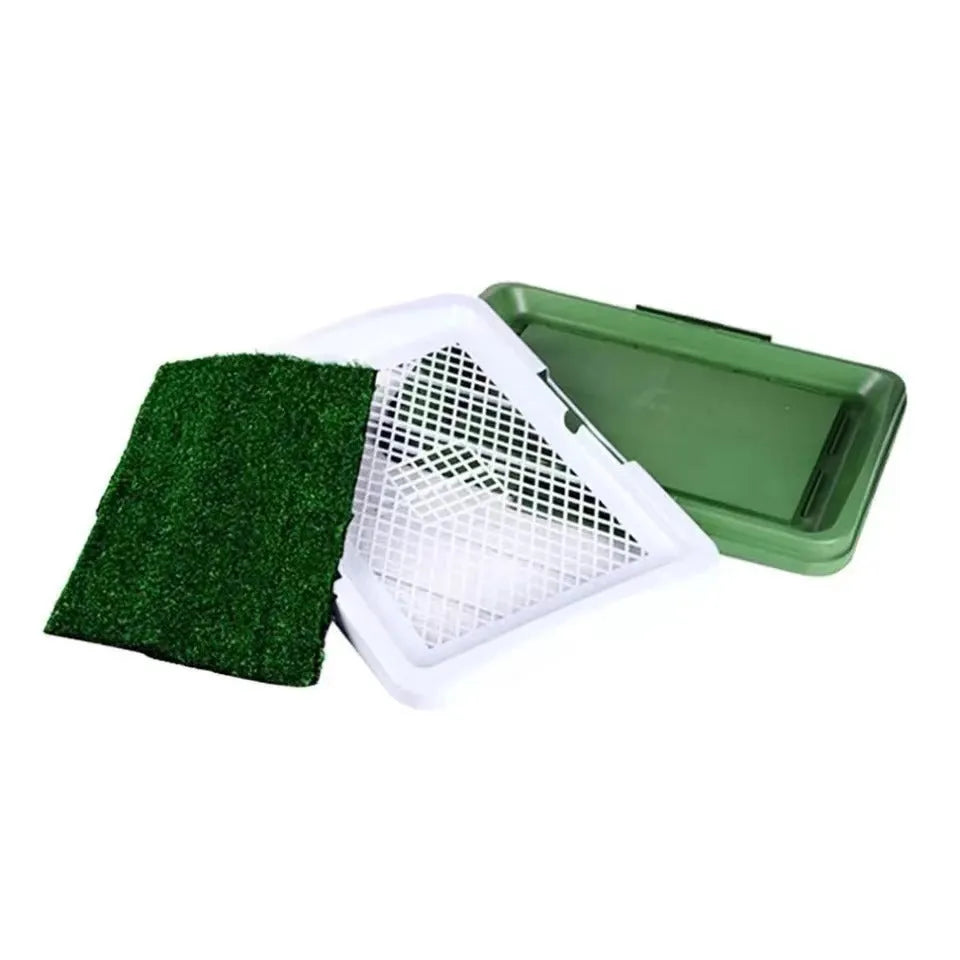 Green synthetic turf dog grass patch with three-layer tray for indoor puppy toilet training