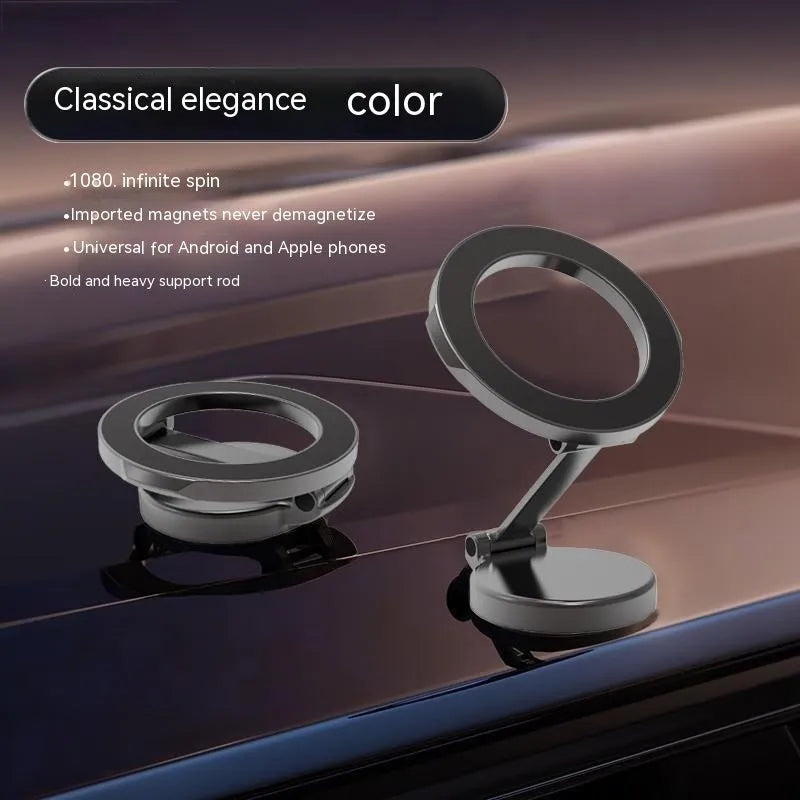 All-metal foldable magnetic car phone mount in Qian colour on vehicle dashboard