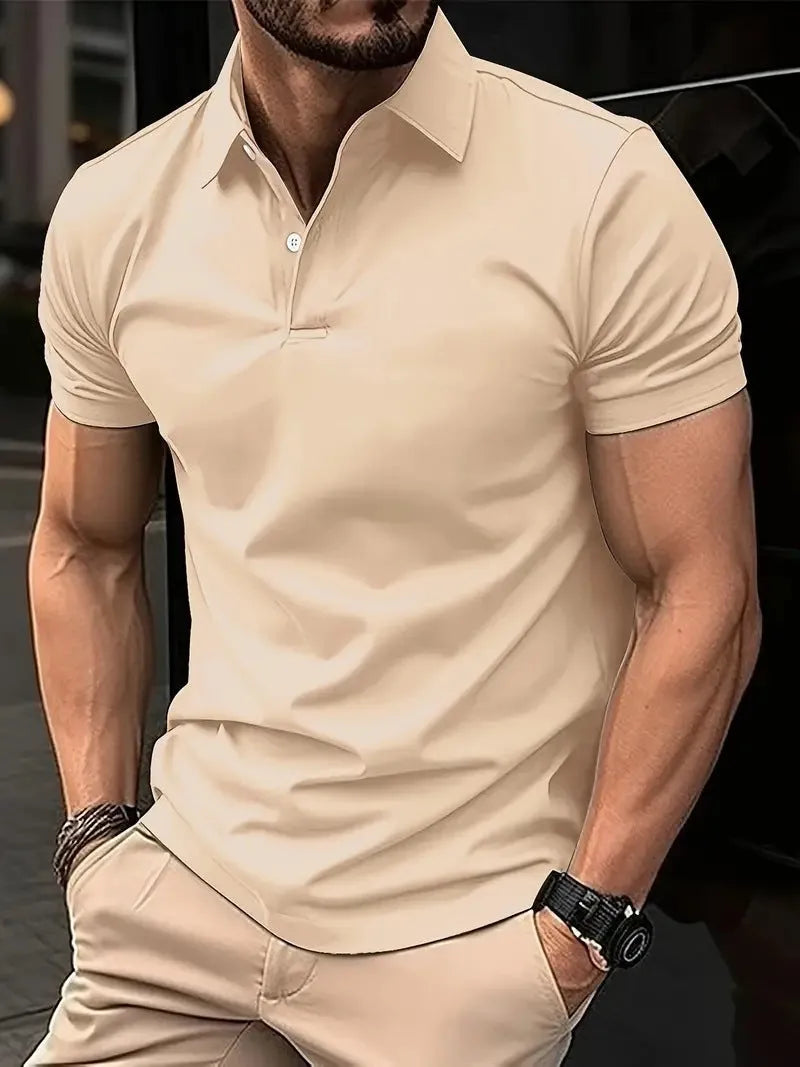 Men's solid colour slim fit short sleeve shirt with button front on a neutral background.
