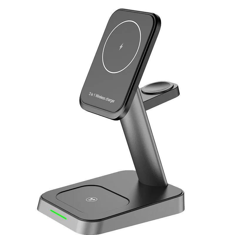 Black cubic 3-in-1 vertical wireless phone charger with integrated watch charger and 10000mAh power bank.
