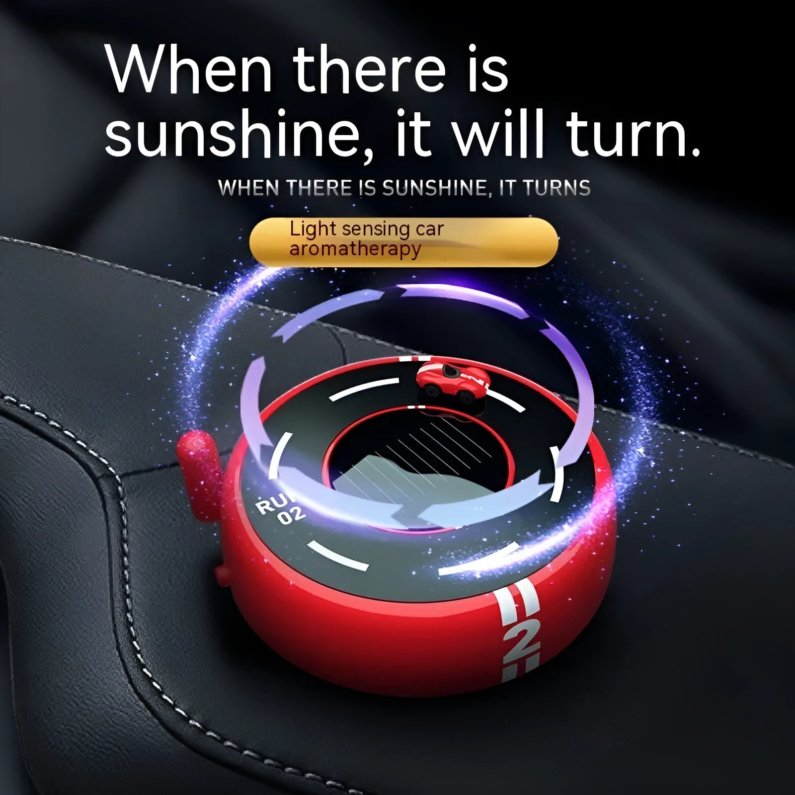 Round solar-powered car aromatherapy decoration in black plastic with USB charging port