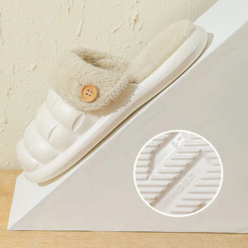 Detachable EVA slippers with plush lining in multiple colours showing round toe and flat heel design