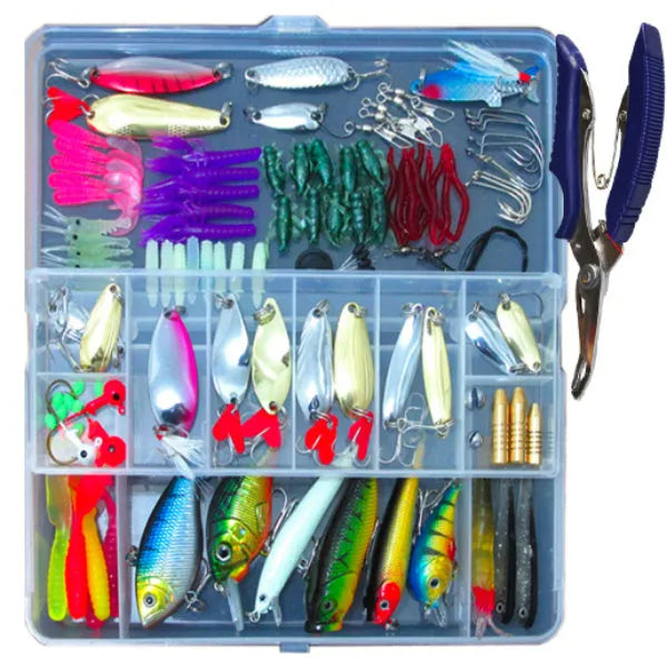 132-piece fishing lure suit with plastic baits and high carbon steel hooks in rose red colour