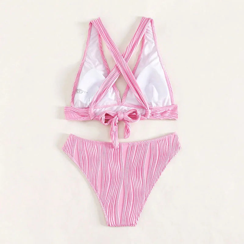 Women's pink and black halter neck bikini with split shorts design
